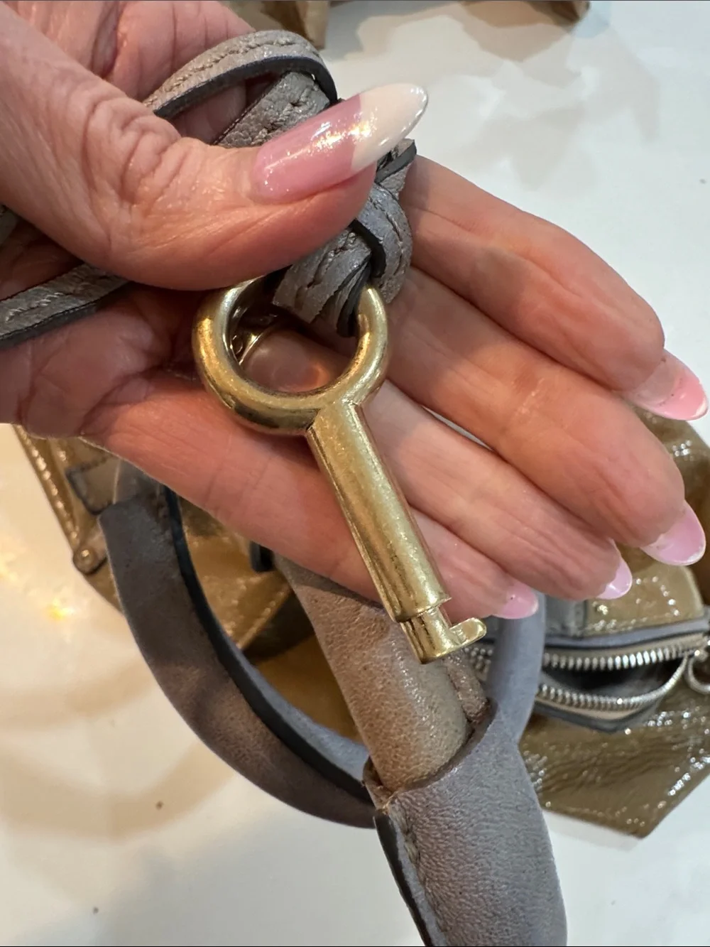 Chloe Olive and Taupe Patent Leather Satchel